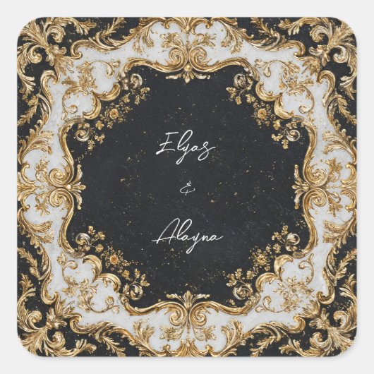 Zwart en Goud Rococo Lijst Wedding Sticker (Voorkant)