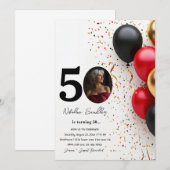 Zwart en Goud Rode ballonnen 50 verjaardagsfeestje Kaart (Voorkant / Achterkant)