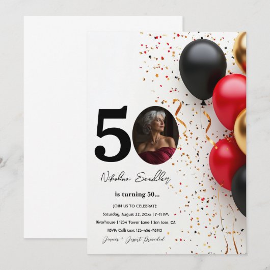 Zwart en Goud Rode ballonnen 50 verjaardagsfeestje Kaart (Voorkant / Achterkant)