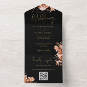Zwart en goud roestige bloemencode QR Code herfstt All In One Uitnodiging (Binnen)