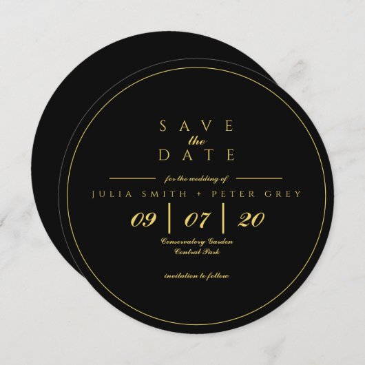 Zwart en Goud ronde opslaan van de datum uitnodigi Kaart (Voorkant / Achterkant)