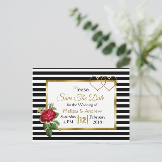 Zwart en Goud Rood Rose Save the Date Briefkaarten (Staand voorkant)