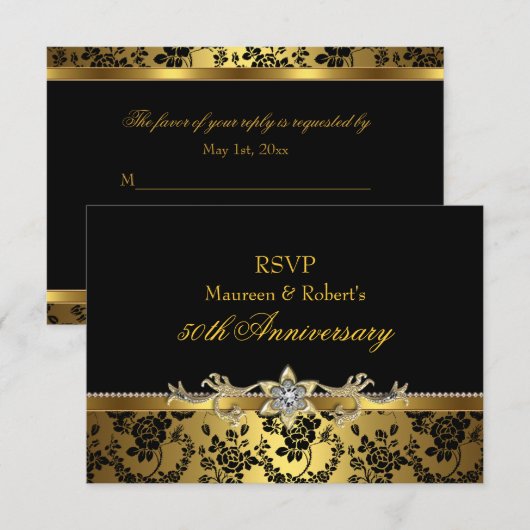 Zwart en goud Roos 50e Jubileum RSVP (Voorkant / Achterkant)