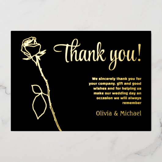 Zwart en Goud Roos knop Dank u kaart (Voorkant)