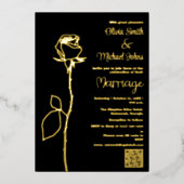 Zwart en Goud Roos knop QR code Bruiloft uitnodigi Folie Feestdagenkaart (Voorkant)