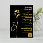 Zwart en Goud Roos knop QR code Bruiloft uitnodigi Folie Feestdagenkaart (Staand Voorkant)