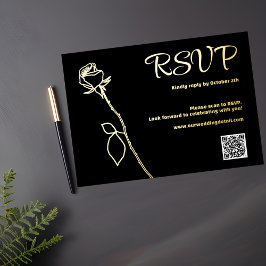 Zwart en Goud Roos knop QR code RSVP Bruiloft Folie Feestdagenkaart