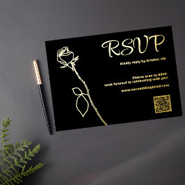 Zwart en Goud Roos knop QR code RSVP Bruiloft Folie Feestdagenkaart