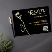 Zwart en Goud Roos knop QR code RSVP Bruiloft Folie Feestdagenkaart