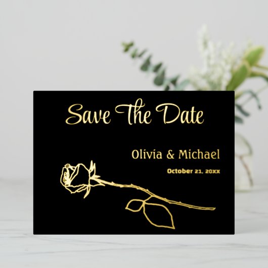 Zwart en Goud Roos knop Save the Date kaart (Staand Voorkant)