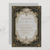 Zwart en Goud Roos Lijst bruiloft Kaart (Voorkant / Achterkant)