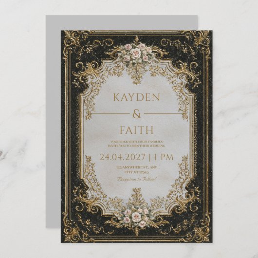 Zwart en Goud Roos Lijst bruiloft Kaart (Voorkant / Achterkant)