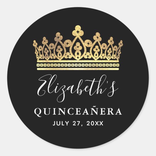 Zwart en Goud Royal Crown Elegant Quinceanera Ronde Sticker (Voorkant)