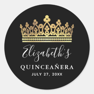 Zwart en Goud Royal Crown Elegant Quinceanera Ronde Sticker
