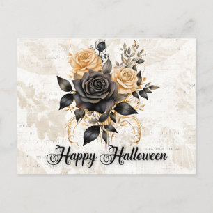 Zwart en Goud Rozen Bladeren Foliage Halloween Feestdagenkaart