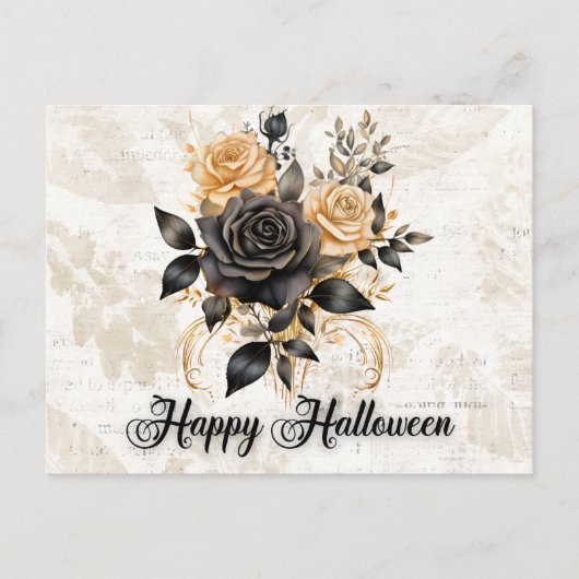 Zwart en Goud Rozen Bladeren Foliage Halloween Feestdagenkaart (Voorkant)
