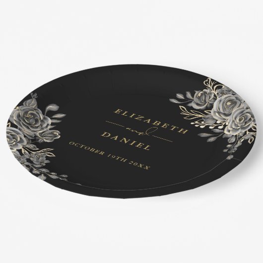 Zwart en Goud Rozen Bloemen Gotische Bruiloft Papieren Bordje (Gekanteld)