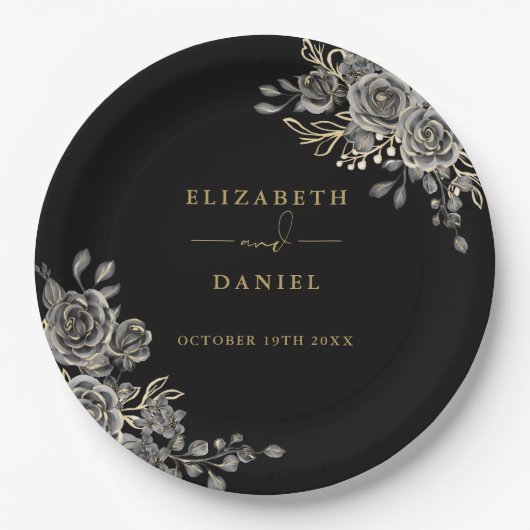 Zwart en Goud Rozen Bloemen Gotische Bruiloft Papieren Bordje (Voorkant)