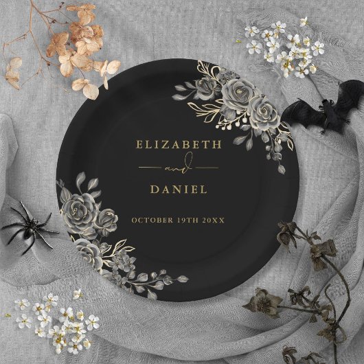 Zwart en Goud Rozen Bloemen Gotische Bruiloft Papieren Bordje