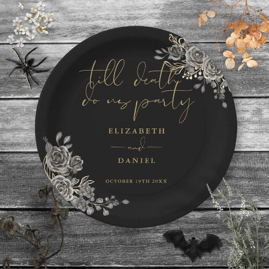 Zwart en Goud Rozen Bloemen Gotische Bruiloft Papieren Bordje