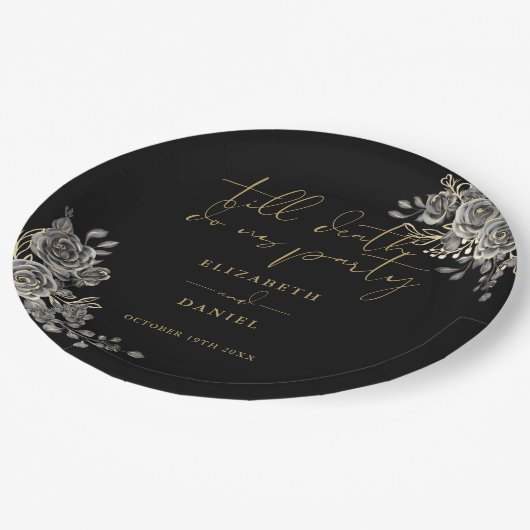 Zwart en Goud Rozen Bloemen Gotische Bruiloft Papieren Bordje (Gekanteld)