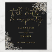 Zwart en Goud Rozen Bloemen Gotische Bruiloft Wijn Etiket (Enkel label)