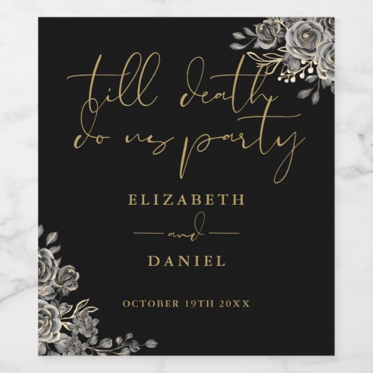 Zwart en Goud Rozen Bloemen Gotische Bruiloft Wijn Etiket (Enkel label)