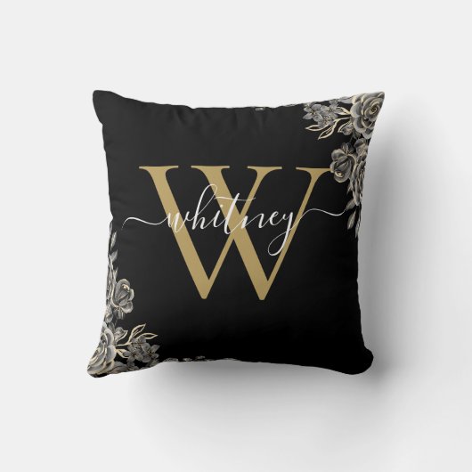 Zwart en Goud Rozen Bloemen Monogram Script Naam Kussen (Achterkant)