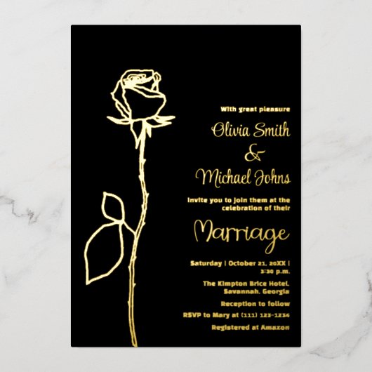 Zwart en Goud Rozen knop Elegante bruiloft uitnodi Folie Feestdagenkaart (Voorkant)