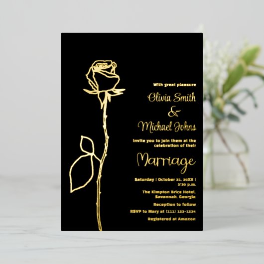 Zwart en Goud Rozen knop Elegante bruiloft uitnodi Folie Feestdagenkaart (Staand Voorkant)