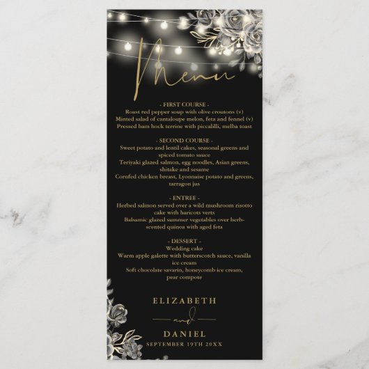 Zwart en Goud Rozen Lights Gotisch Trouwdiner Menu (Voorkant)