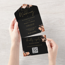 Zwart en Goud Rustieke Bloemen QR Code Herfst Brui All In One Uitnodiging