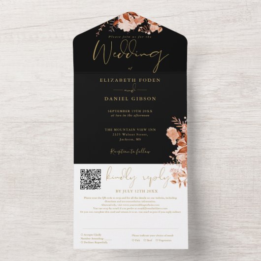 Zwart en Goud Rustieke Bloemen QR Code Huwelijk All In One Uitnodiging (Binnen)