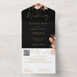 Zwart en Goud Rustieke Bloemen QR Code Huwelijk All In One Uitnodiging