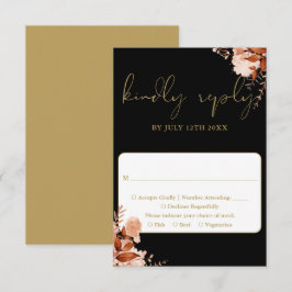 Zwart en goud rustieke bloemige bruiloft RSVP kaartje