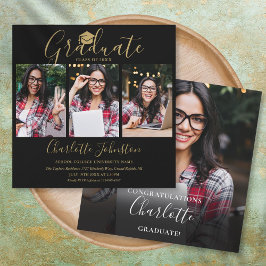 Zwart en goud schrift 4 foto afstudeerfeest uitnod kaart
