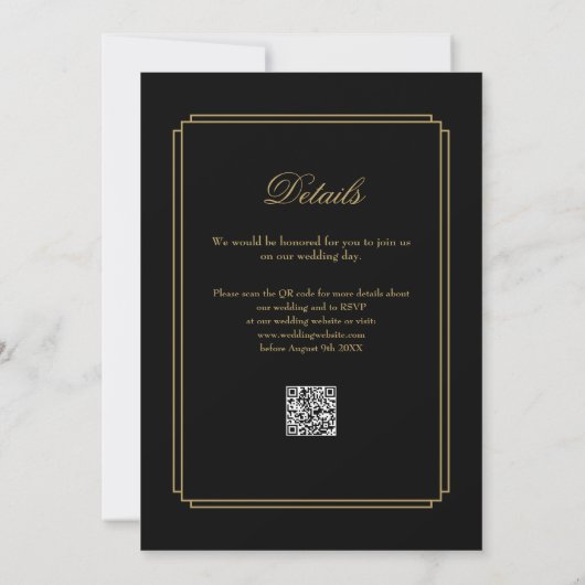 Zwart en goud schrift QR-code Art Deco bruiloft Kaart (Achterkant)
