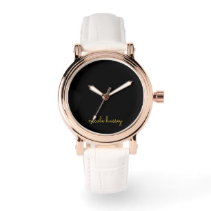 Zwart en Goud Schrift    Stijlvol Modern Monogram Horloge