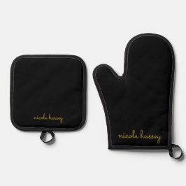 Zwart en Goud Schrift  | Stijlvol Modern Monogram Ovenwant & Pannenlap Set