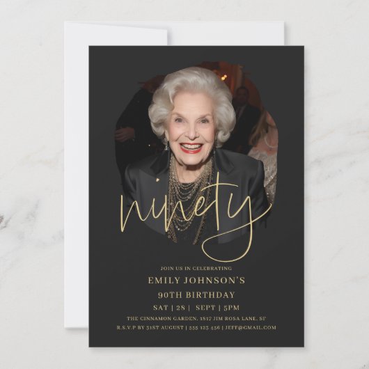 Zwart en goud script 90ste verjaardag kaart (Voorkant)