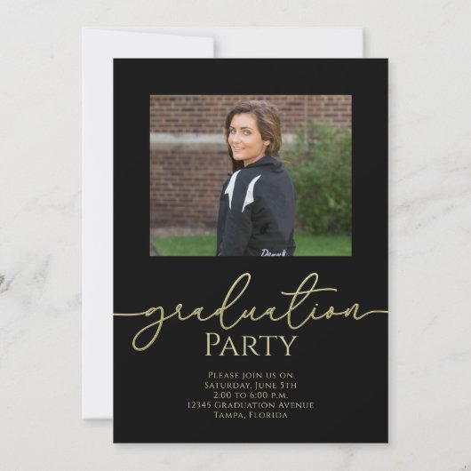 Zwart en Goud Script Afstuderen Foto Kaart (Achterkant)