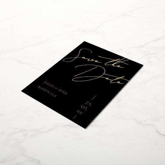 Zwart en Goud Script Bruiloft Save the Date Gold Folie Uitnodiging Briefkaart (Gedraaid)