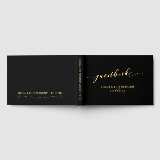 Zwart en goud script Elegante bruiloft Gastenboek (Volledig)