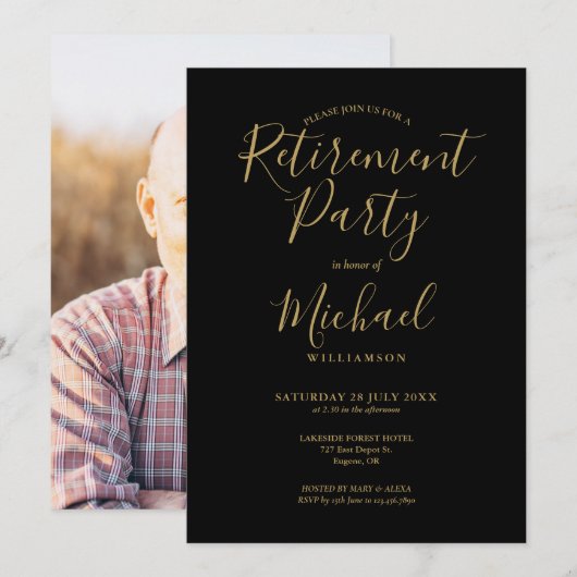 Zwart en Goud Script Foto Pensioen Partij Kaart (Voorkant / Achterkant)