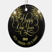 Zwart en goud Script Gelukkig Nieuwjaar Keramisch Ornament (Links)