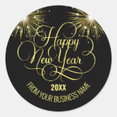 Zwart en goud Script Gelukkig Nieuwjaar Ronde Sticker (Voorkant)
