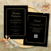 Zwart en Goud Script QR Code Art Deco Wedding Kaart