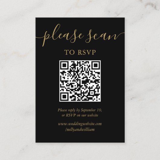 Zwart en Goud Script RSVP QR Code Informatiekaartje (Voorkant)