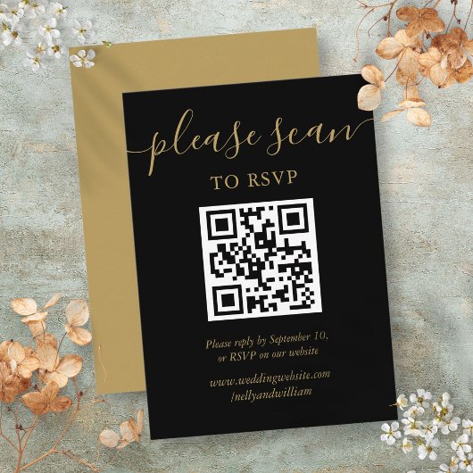 Zwart en Goud Script RSVP QR Code Informatiekaartje