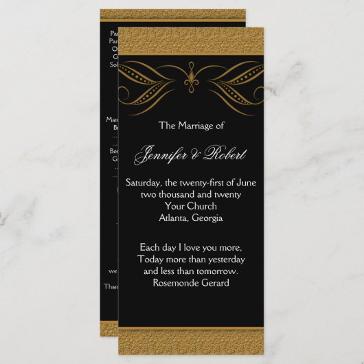 Zwart en Goud Scroll Accent Wedding Programma Programmakaart (Voorkant / Achterkant)
